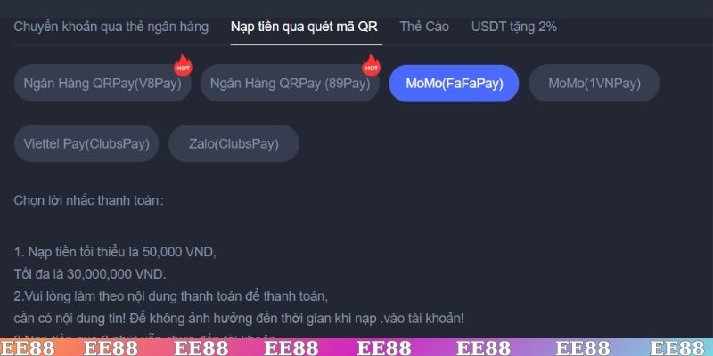 Hướng dẫn nạp tiền EE88 thông qua các loại ví điện tử